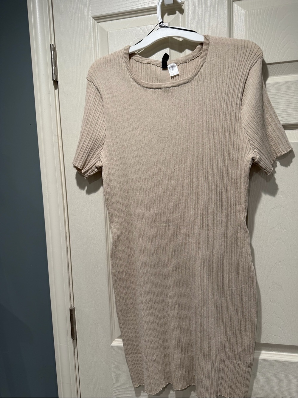 Ribbed Knit Short Sleeve Dress - Beige